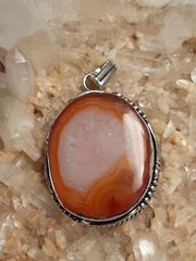Artisan 925 Silver Orange Banded Agate Quartz Round 2.5 Inch Pendant