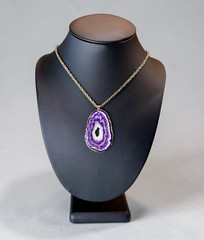Med Faux Amethyst Geode Slice Polymer Clay Handmade Pendant Necklace SS Chain