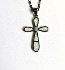 Resin Fire Opal Cross Necklace – Custom Length Chain -Gunmetal Black Pendant