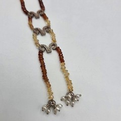 Sterling Silver Citrine Garnet Style Beaded Lariat Necklace Pearl Tassels 28″