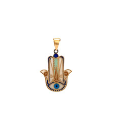 14K Solid Gold Pendant Necklace Hand-Painted Abstract Evil Eye in Hamsa Hand
