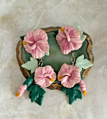 Rare Vintage Brutalist Artisian Hawaiian Pink Flower Dangle Earrings 3 1/2″ Boho