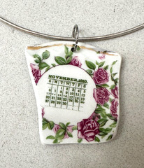 Artisian Pendant – Crafted -Slice of Broken Dish -Necklace- Flowers – NOV 1910