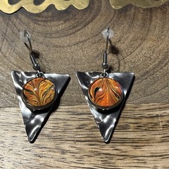 Silver Tone Metal Triangle Dangle Earrings Orange Glass Bead
