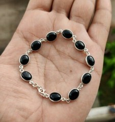 NATURAL BLACK OVAL ONYX 925 STERLING SILVER LINK CHAIN HANDMADE BRACELET JEWELRY