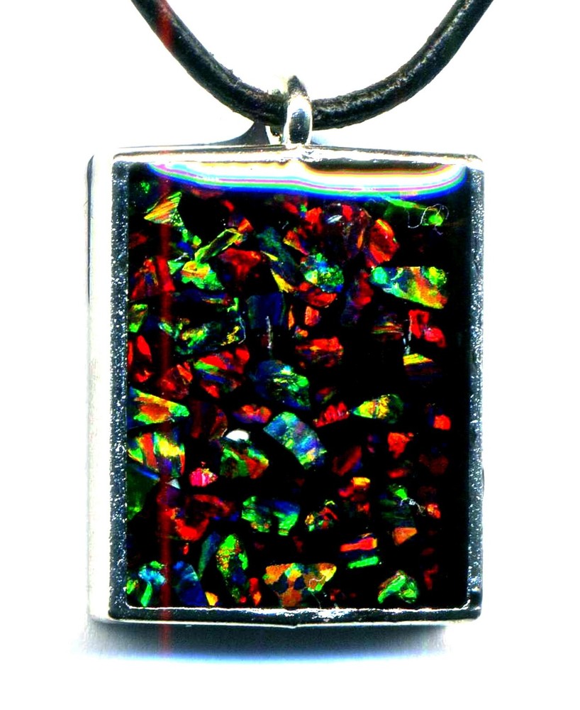 Large OPAL NECKLACE, silver framed, handmade black mosaic Opal Jewelry