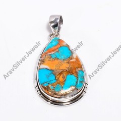 Orange and Blue Copper Turquosie Pendant 925 Sterling Silver Statement Pendant