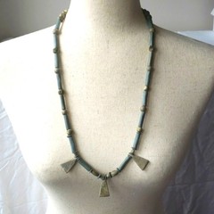 LOU Artisan Handmade Clay Ceramic Beaded Necklace Blue Green Geometric Tribal