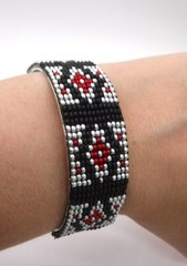 Loom Beaded Bracelet Cuff Black, Silver & Red