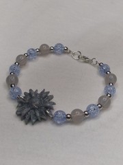 Handcrafted Silver Memory Wire Blue Gray Beaded Bracelet Polymer Clay Pendant