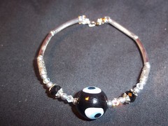 Tibetan Silver BLACK Evil Eye & BLACK & CLEAR Crystal Bead CUFF Bracelet B-65