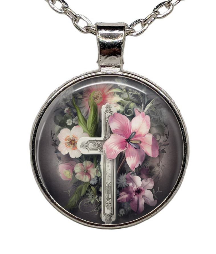 Cross Floral Flowers Pendant Necklace Religious Photo Jewelry Gifts