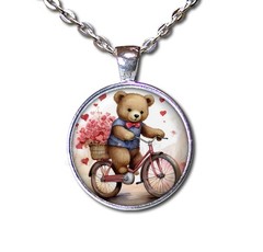Teddy Bear on Bike Basket full of Hearts Handmade ROUND Glass Pendant Necklaces