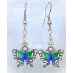 Whimsical Butterfly Crystal Dangle Earrings Artisan Made Feminine Blue Green NEW