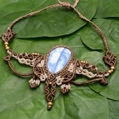 Handmade Natural Blue Opal Gemstone Bohemian Macrame Healing Choker Necklace