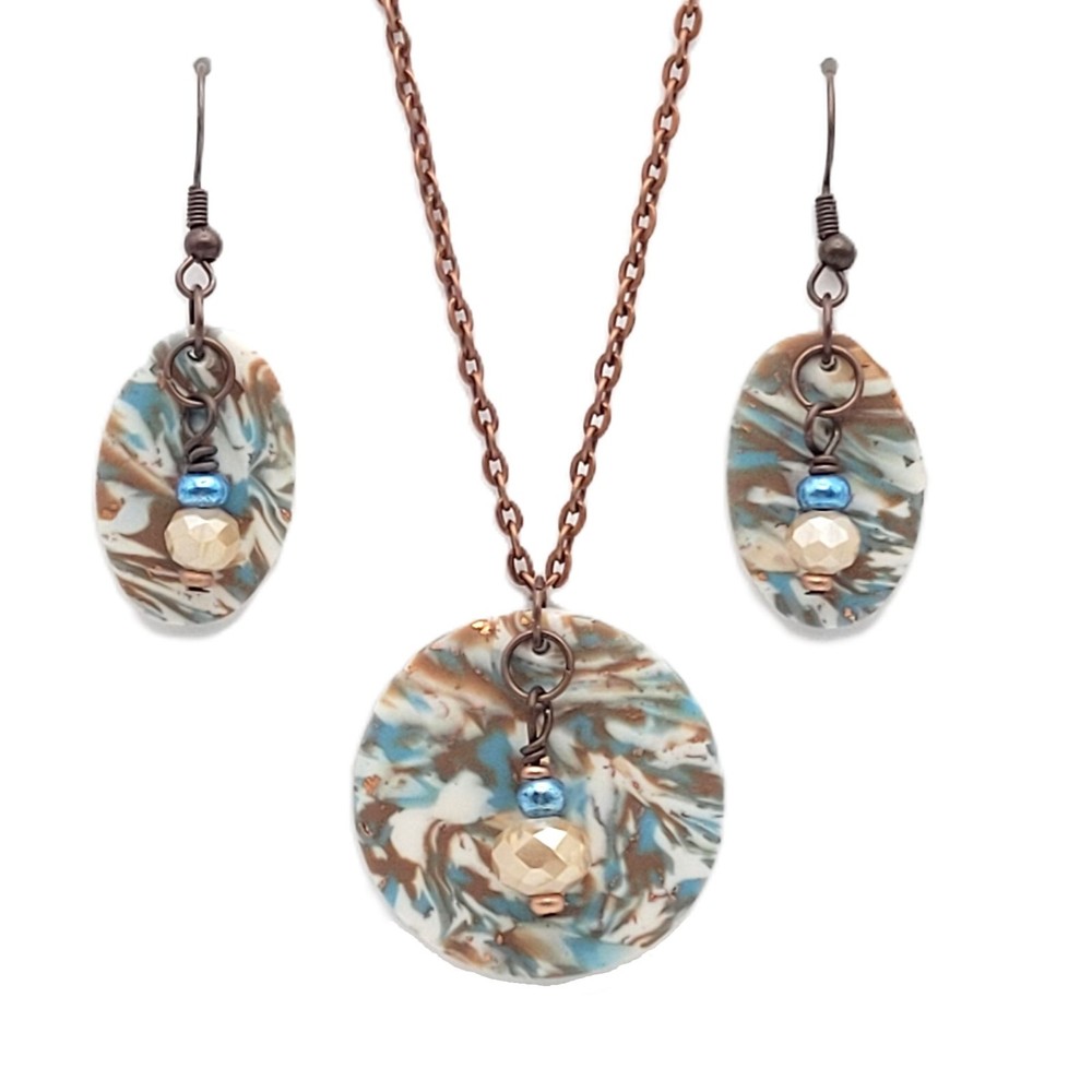 Necklace and Earrings Set – Blue, Brown, Cream and Brass – Unique Polymer Clay