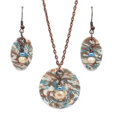 Necklace and Earrings Set – Blue, Brown, Cream and Brass – Unique Polymer Clay