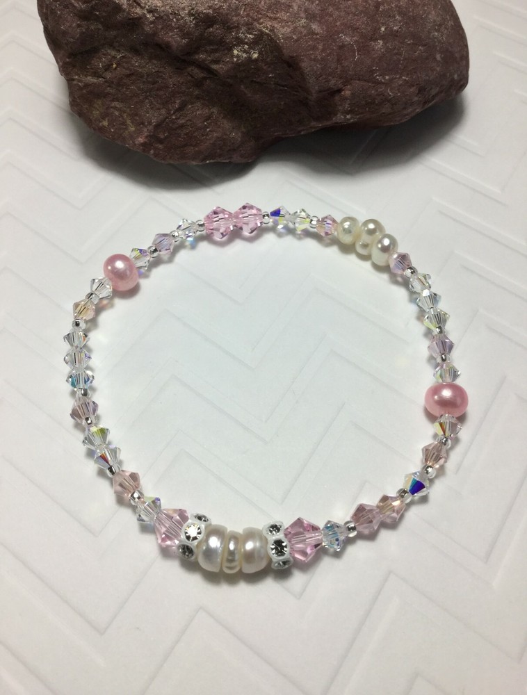 Handmade Pink & White Pearl Crystal Bracelet W/Swarovski Elements USA