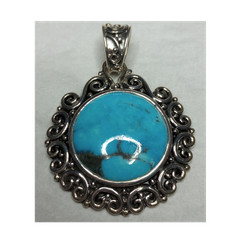 Sterling Silver Round Cabochon Stabilized Turquoise Scroll Design Pendant