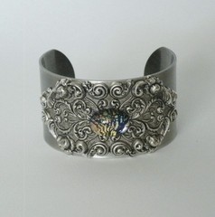 Baroque Silver Cuff Bracelet with Black Opal Stone – Victorian Gothic Jewelry
