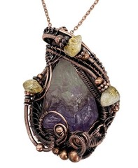 Amethyst Crystal Wire Wrapped Necklace in Bronze with Citrine Nuggets