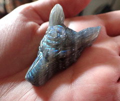 Labradorite ( Moonstone) Wolf / Dog Head Pendant Rose carved on forehead