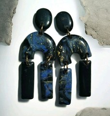 Handcrafted Polymer Clay Resin Gold Dangle Oval Stud Earrings Blue Black Marble