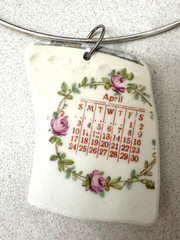 Artisian Pendant – Crafted -Slice of Broken Dish -Necklace- Pink Flowers – APRIL