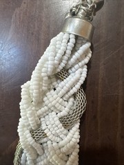 White Seed Bead Braided Statement Necklace Silver Mesh Summer Beachy