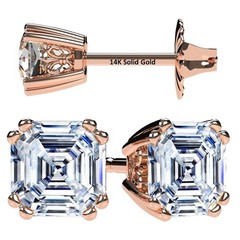 Rose Gold Plated Silver Stud Earrings With 2.50 CTTW Asscher CZ & 14K Gold Post