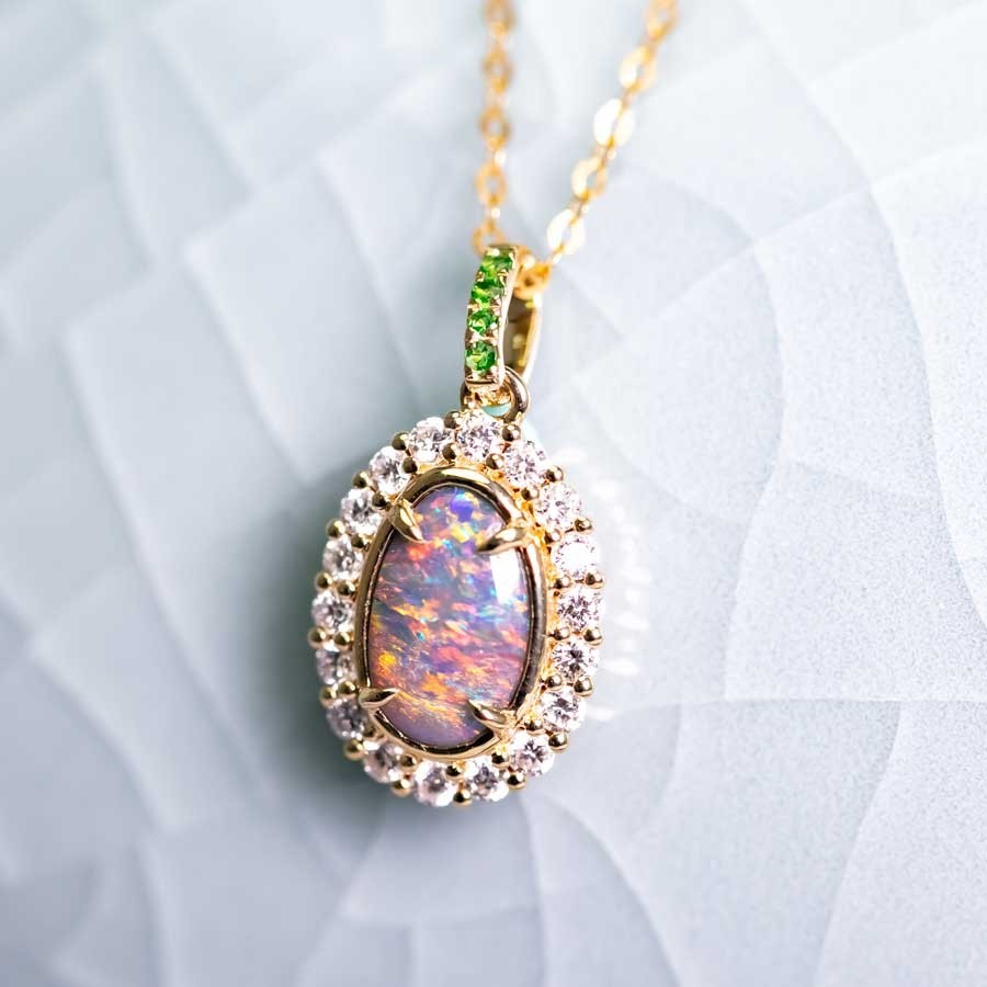 Halo Diamond Tsavorite Australian Black Opal Pendant ONLY 18k Yellow Gold