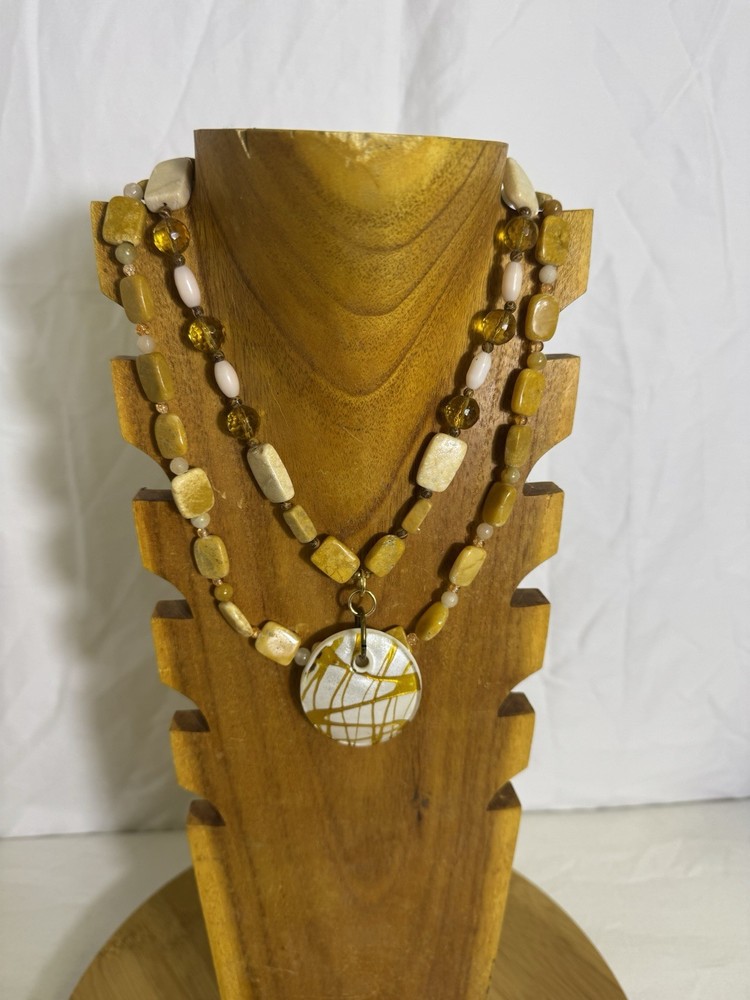 Handmade Layered Beaded Necklace Yellow Cream Statement Pendant Boho Artisan New