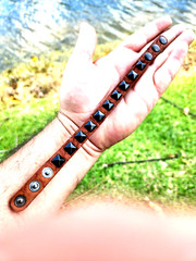 Pyramid stud rivet genuine Buffalo Bison leather bracelet customize to wrist.