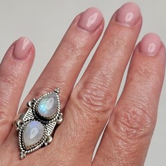 Unique Design! Pretty 2-Stone Moonstone Ring 925 Sterling Silver Size Adj. 5-10