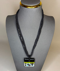 Handcrafted Fused Glass Pendant Necklace Multi Strand Black Ribbon Seed Bead 18″