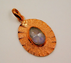 Rainbow Moonstone Rose Cut Handcrafted Hammered Textured Gorgeous Copper Pendant