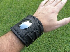 Black bracelet hematite stone genuine Buffalo Bison leather cuff adjustable