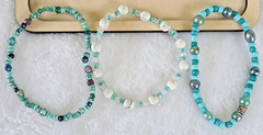 Handmade Stretch Bracelets Blue Green beads with white Jade set of 3 USA made