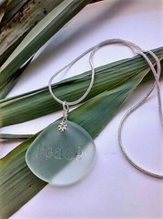 Engraved Inspirational «PEACE» Aqua Blue Sea Glass Pendant Snake Chain Necklace