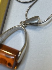 Vintage Sterling Silver Mex V-Shape Holder of Roller Shaped Amber Stone Necklace