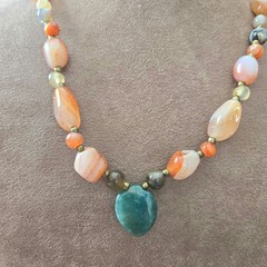 Vintage Natural Agate Beggars Beads Polished Stone Necklace Brass Spacers