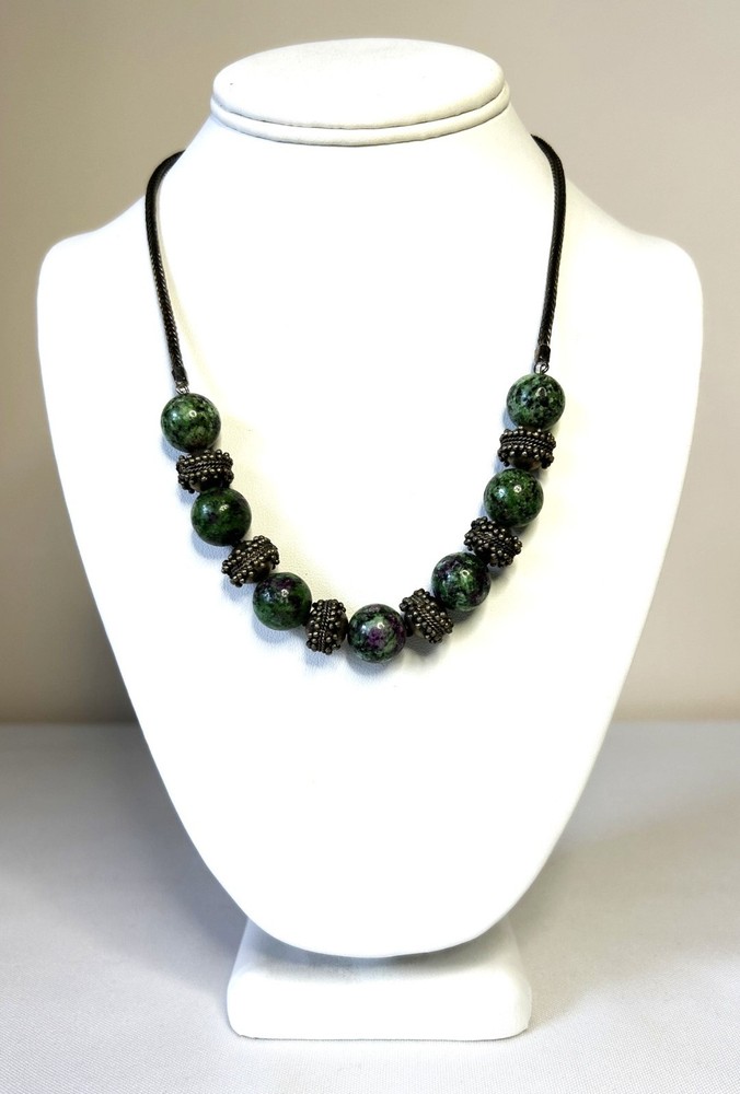 Ruby in Zoisite, Sterling Silver Chain, knotted Handmade Necklace, 19.5″ long