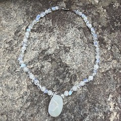 Iridescent Aura Quartz Druzy Slice Pendant Crackle Glass Bead Necklace Handmade