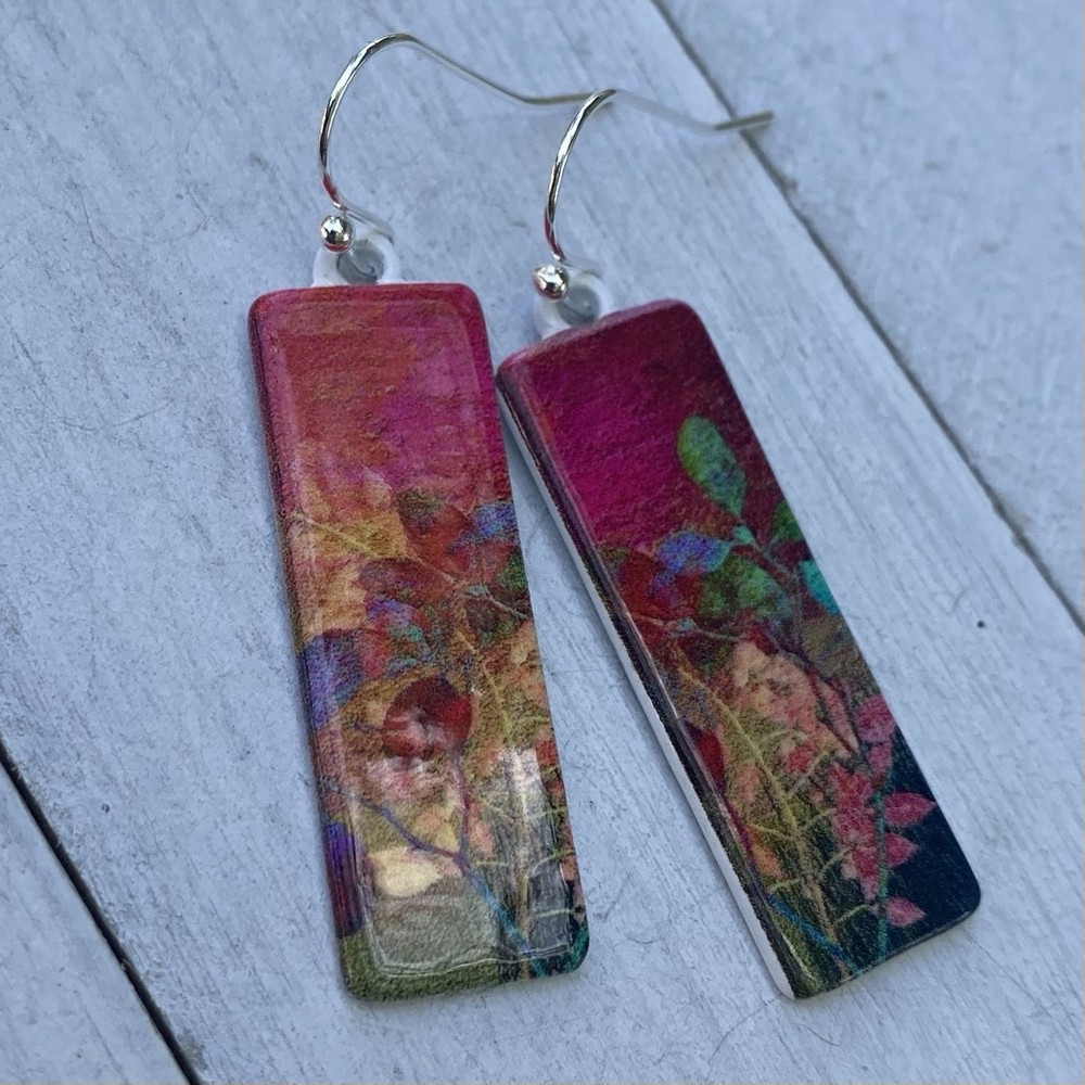 Min Favorit Watercolor Floral & White Enamel Silver Pl Artisan Earrings