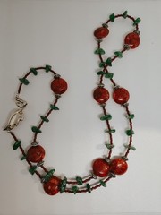 Handcrafted Beaded Red Sponge Coral and Green Jade Necklace. 24 inches