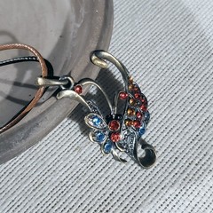Rustic Antique Bronze Rhinestones Art Nouveau Pendant Necklace Vegan Leather
