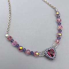 Sterling Silver Purple Pink Crystal Heart Necklace Sparkling Beaded Chain