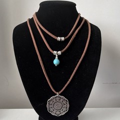 Handcrafted Brown Leather layered Necklace 18”, Turquoise Mandala Pendant (6.18)