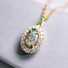 Halo Diamond Tsavorite Australian Black Opal Pendant ONLY 18k Yellow Gold