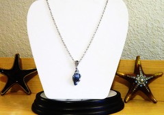 Swirling Blue and Gold Enameled Shell Pendant on 17.25 Inch Necklace Silver Tone